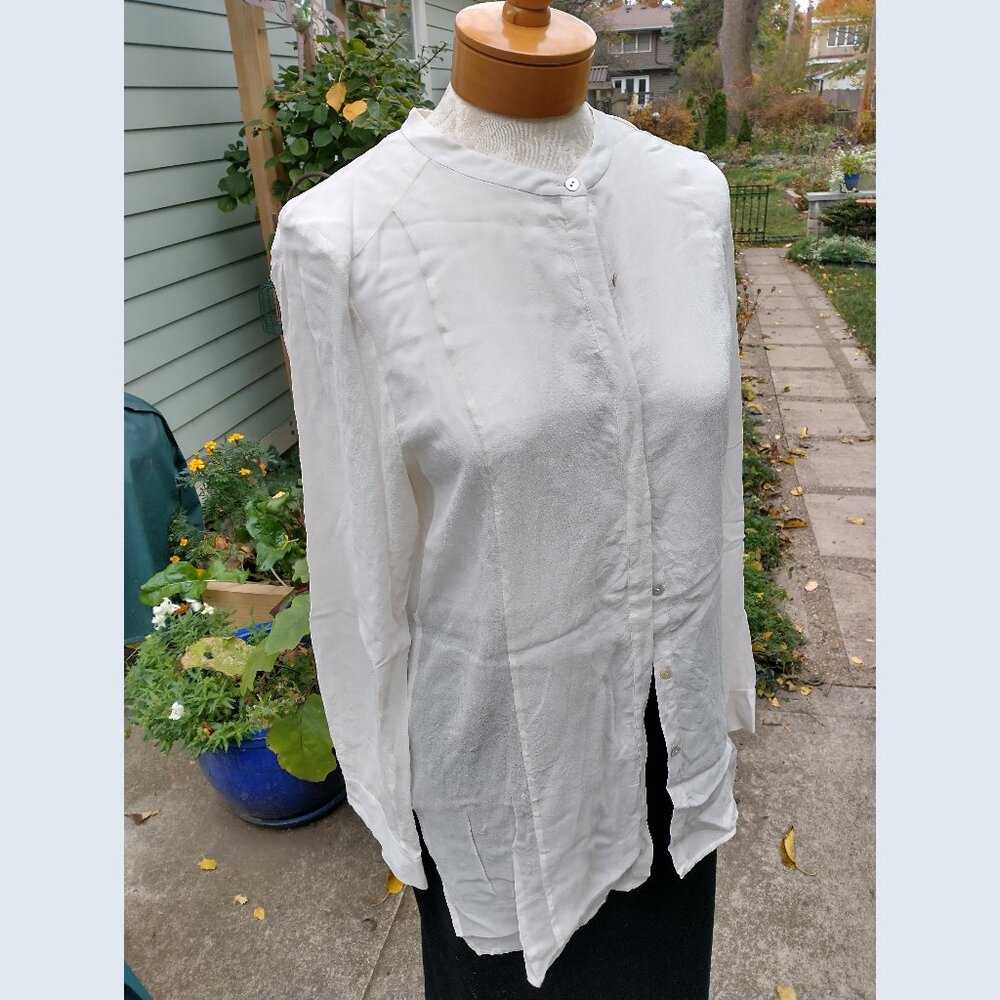 Blouse: Silk, off-white button-up long blouse. Size medium - by Eileen Fisher